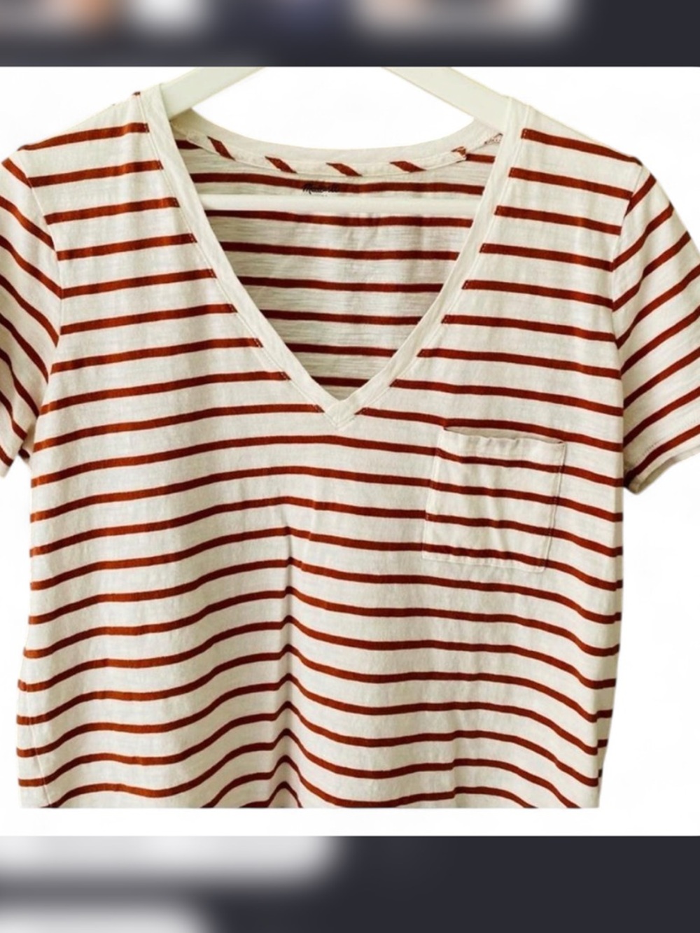 Madewell Whisper Cotton V-Neck Burnt Orange Rust Striped Pocket T-Shirt Size M - Picture 5 of 8
